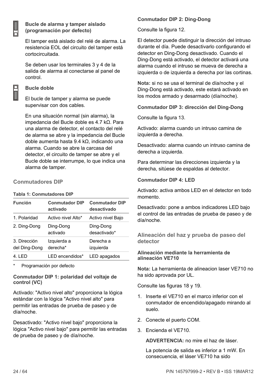 Conmutadores dip, Alineación del haz y prueba de paseo del detector | Interlogix VE736 User Manual | Page 24 / 64