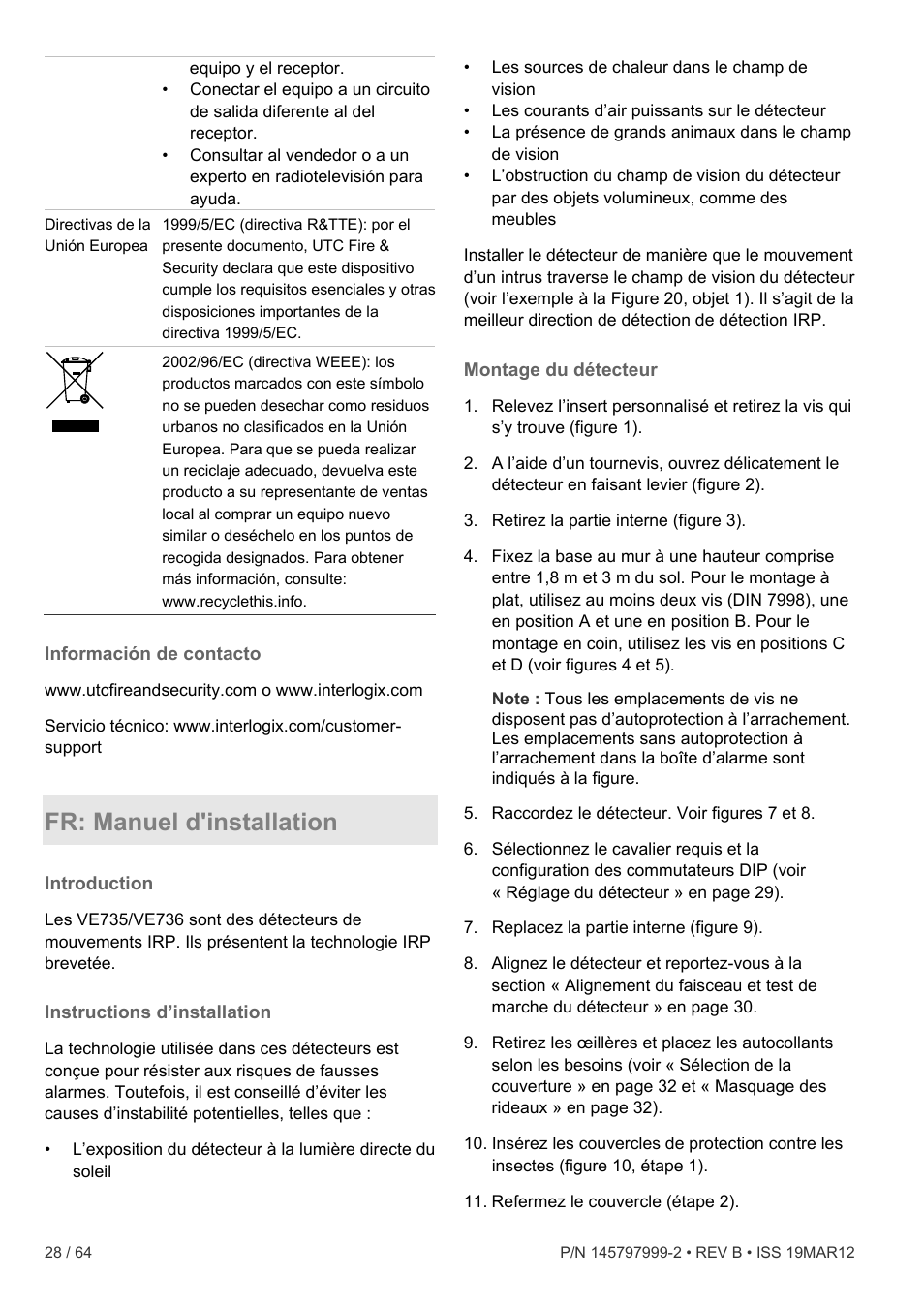 Información de contacto, Fr: manuel d'installation, Introduction | Instructions d’installation, Montage du détecteur | Interlogix VE736 User Manual | Page 28 / 64
