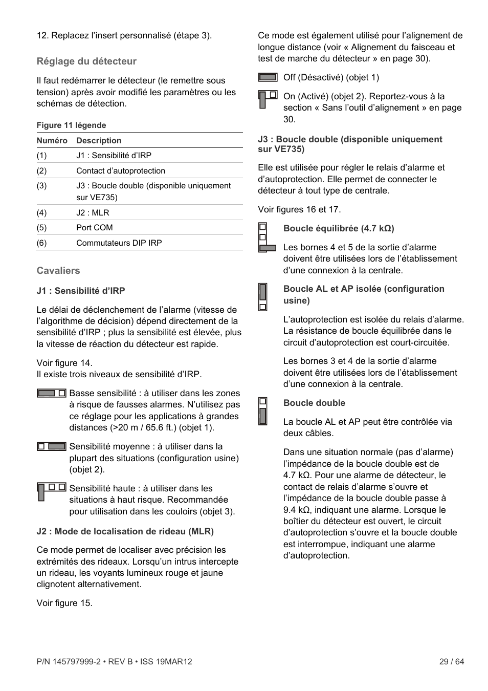 Réglage du détecteur, Cavaliers | Interlogix VE736 User Manual | Page 29 / 64