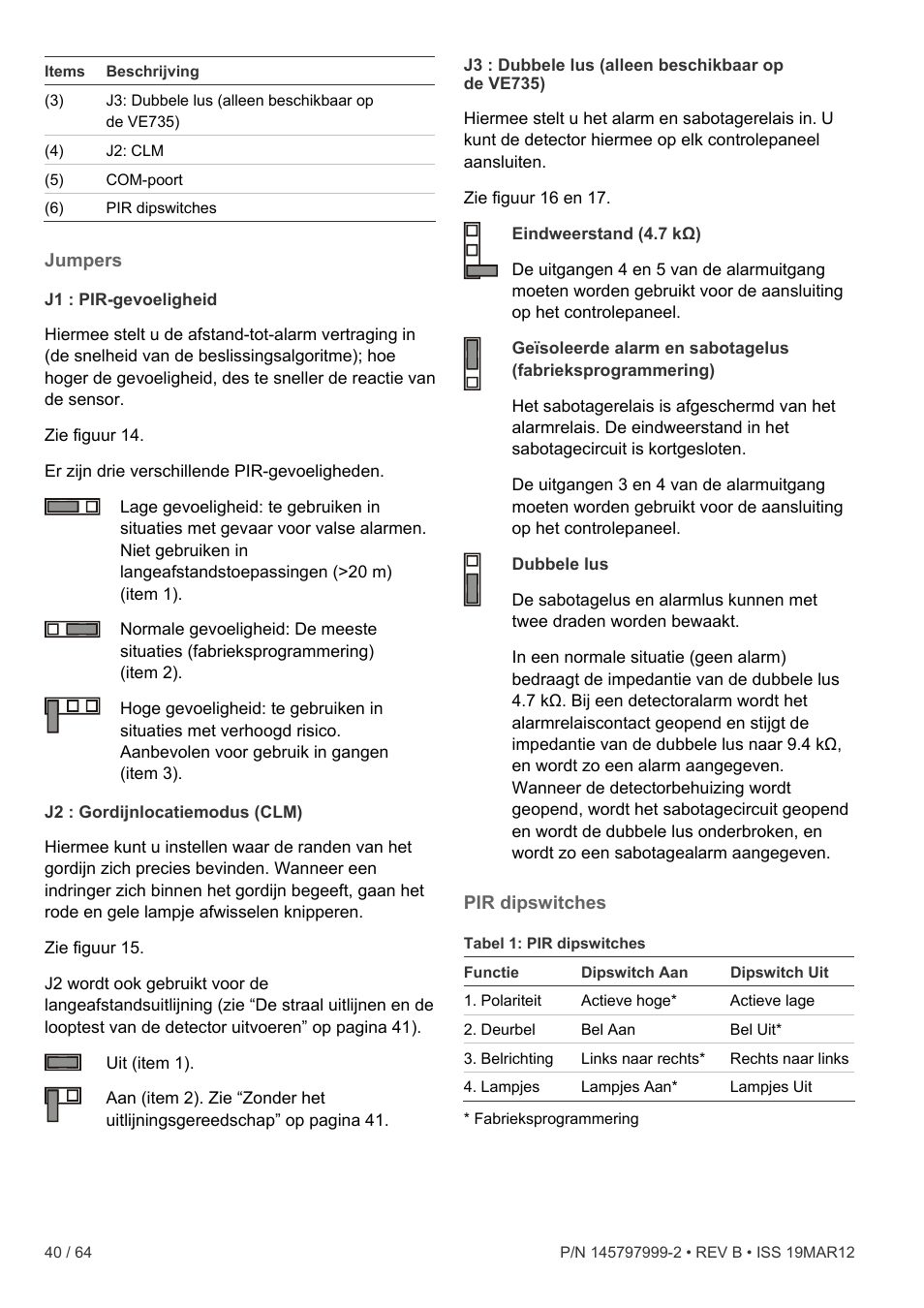 Jumpers, Pir dipswitches | Interlogix VE736 User Manual | Page 40 / 64