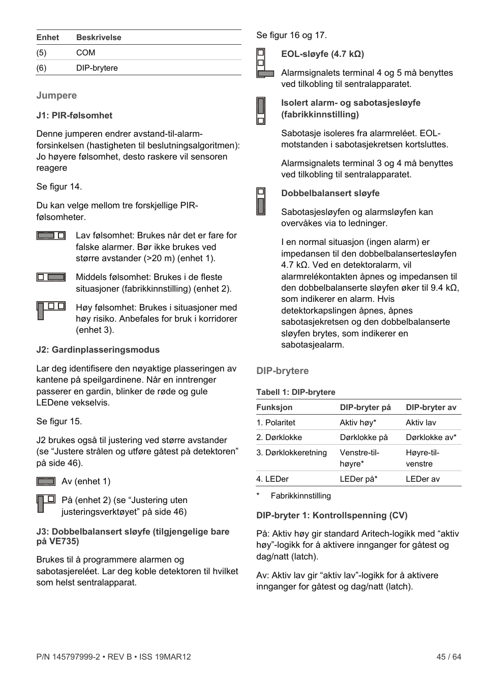 Jumpere, Dip-brytere | Interlogix VE736 User Manual | Page 45 / 64