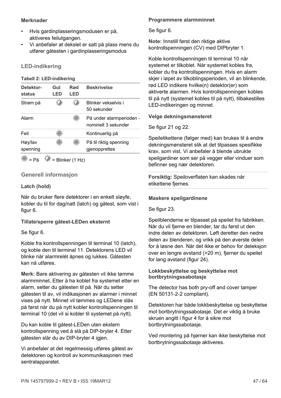 Led-indikering, Generell informasjon | Interlogix VE736 User Manual | Page 47 / 64