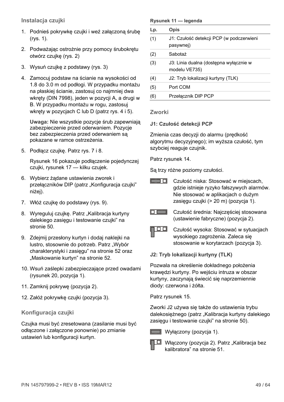 Instalacja czujki, Konfiguracja czujki, Zworki | Interlogix VE736 User Manual | Page 49 / 64