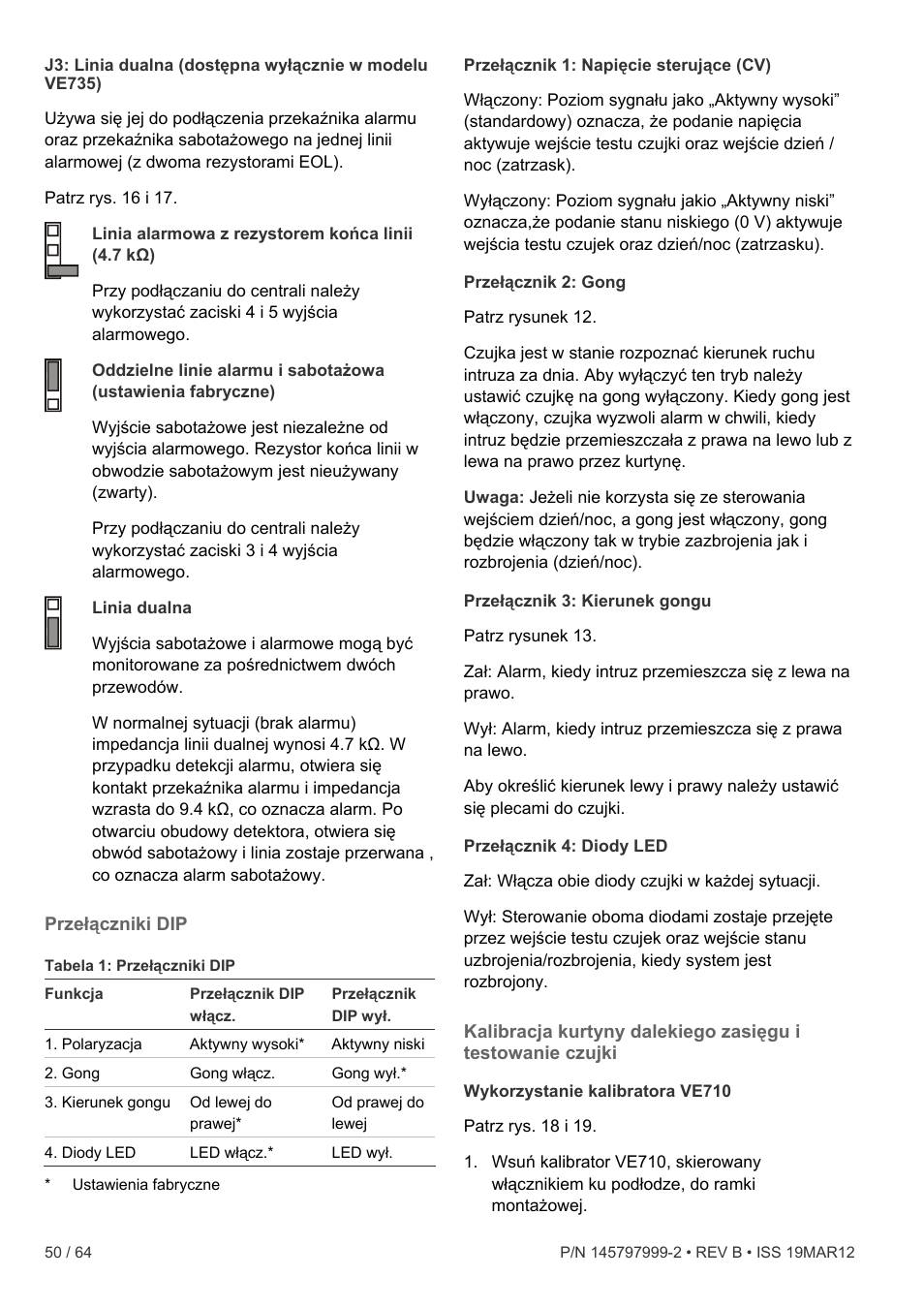 Przełączniki dip, Kalibracja kurtyny | Interlogix VE736 User Manual | Page 50 / 64