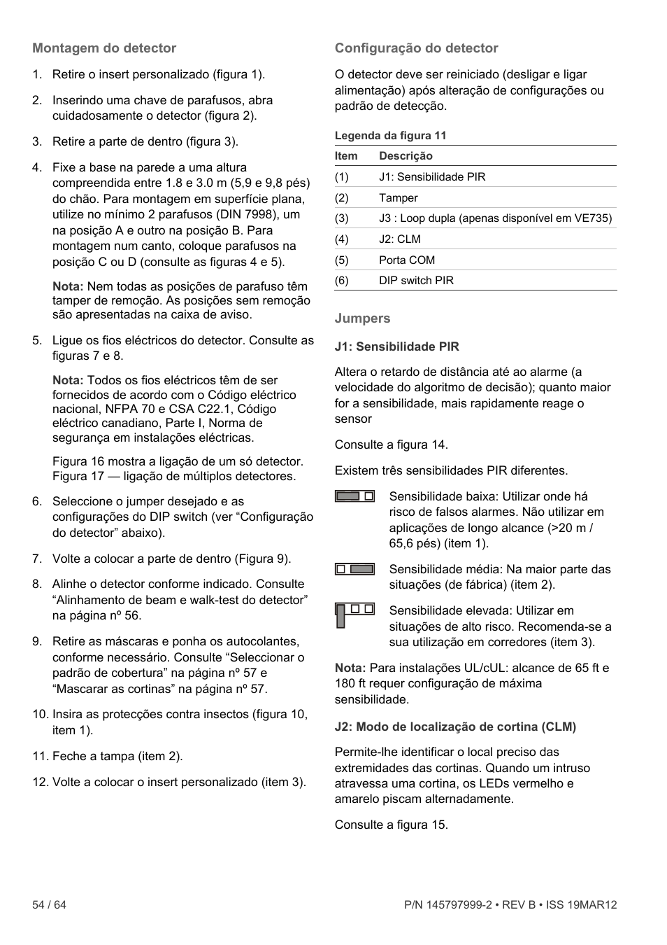 Montagem do detector, Configuração do detector, Jumpers | Interlogix VE736 User Manual | Page 54 / 64