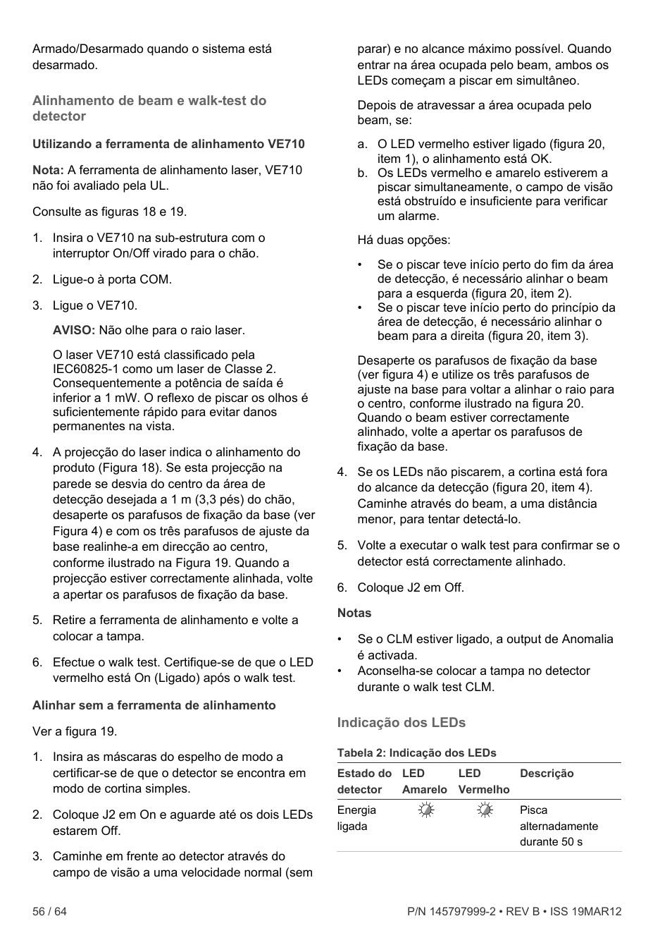 Alinhamento de beam e walk-test do detector, Indicação dos leds | Interlogix VE736 User Manual | Page 56 / 64
