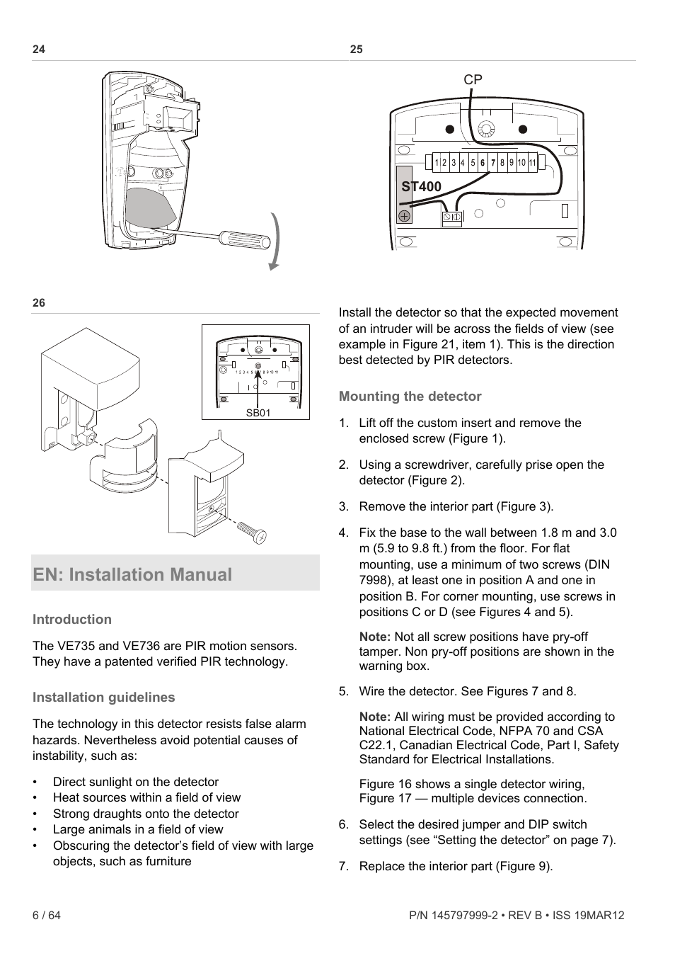 En: installation manual, Introduction, Installation guidelines | Mounting the detector | Interlogix VE736 User Manual | Page 6 / 64