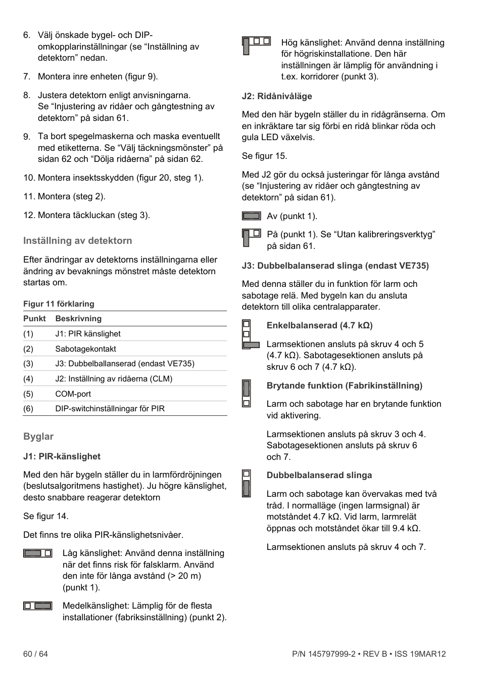 Inställning av detektorn, Byglar | Interlogix VE736 User Manual | Page 60 / 64