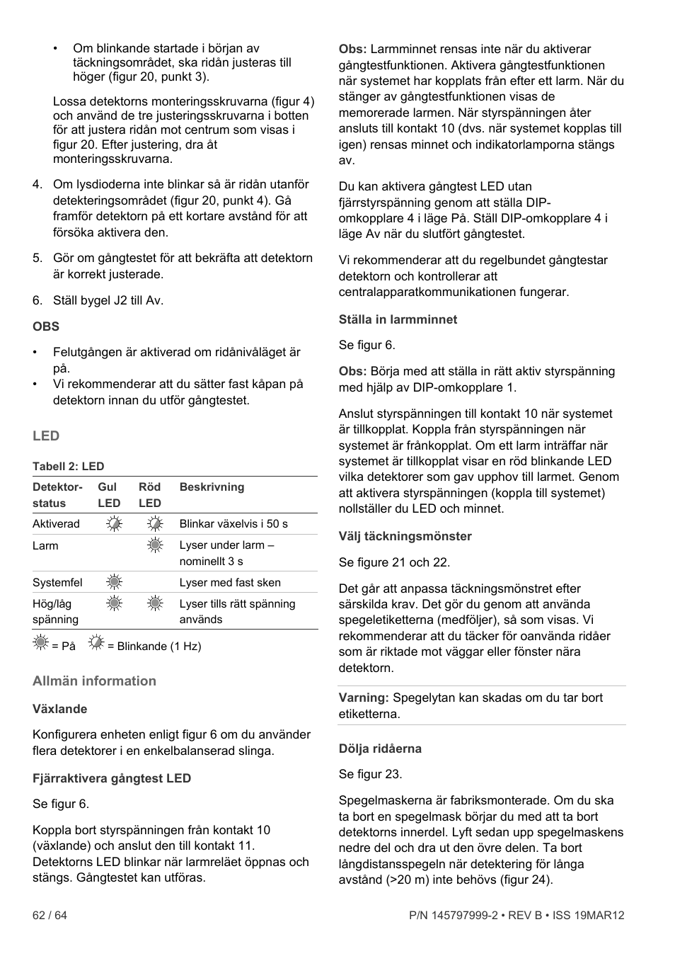 Allmän information | Interlogix VE736 User Manual | Page 62 / 64