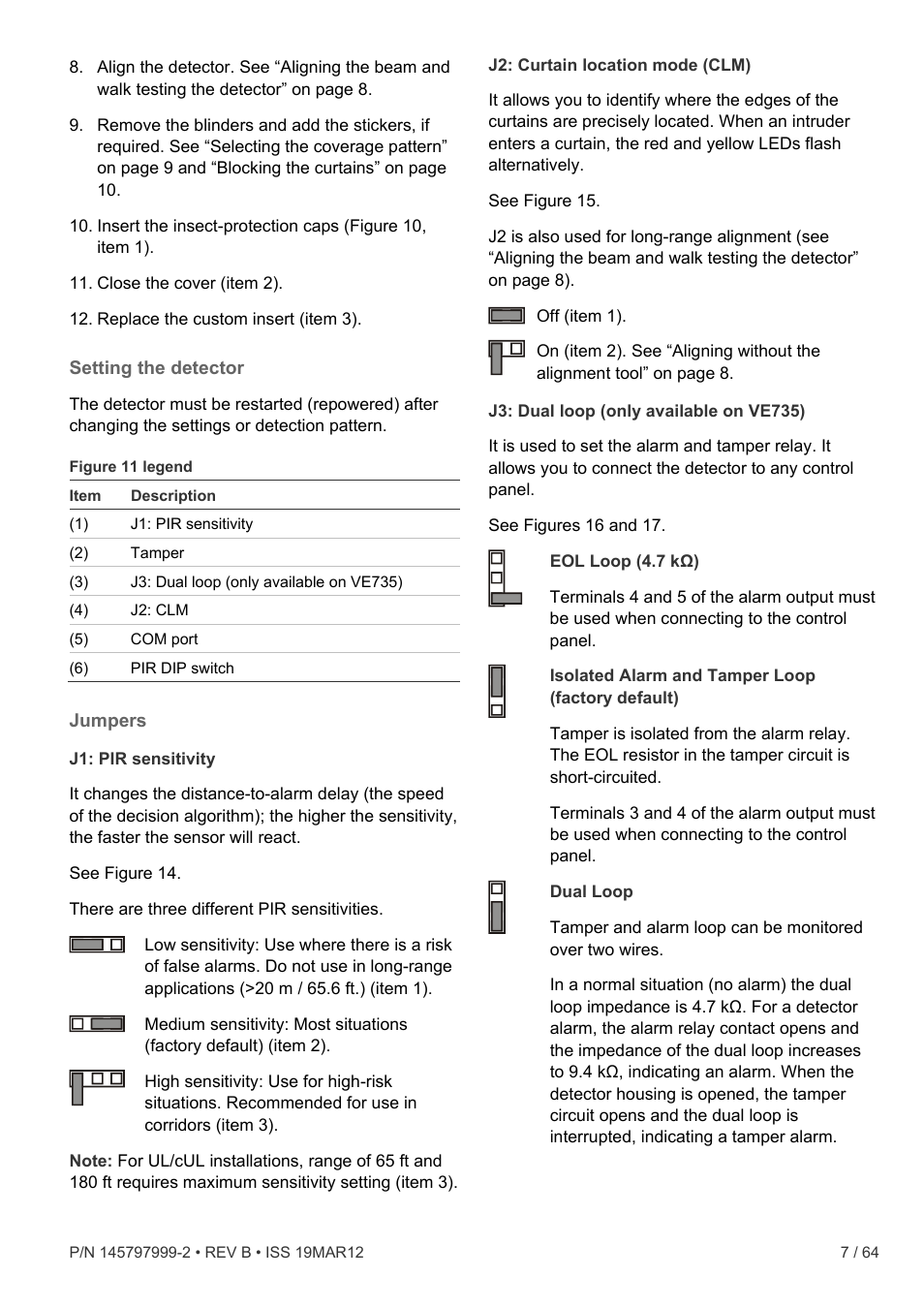 Setting the detector, Jumpers | Interlogix VE736 User Manual | Page 7 / 64