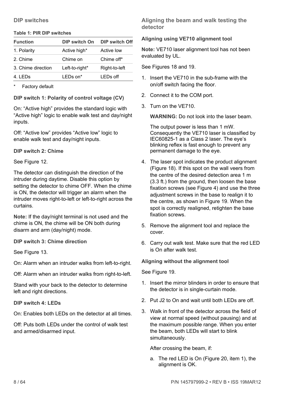 Dip switches, Aligning the beam and walk testing the detector, Aligning the beam and | Interlogix VE736 User Manual | Page 8 / 64