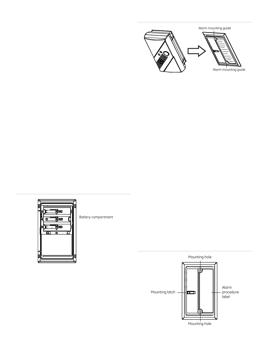 Battery installation and replacement, Mounting the alarm, Mounting hole mounting latch alarm procedure label | Mounting hole, Figure 3: batteries, Battery compartment, Figure 5: vertical mounting | Interlogix TX-6310-01-1 User Manual | Page 2 / 8