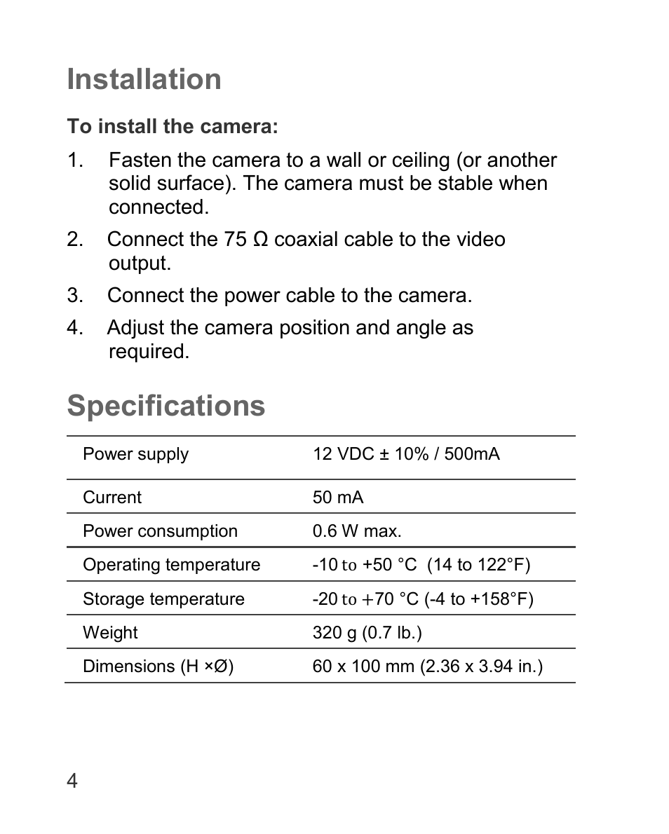Installation, Specifications | Interlogix TVD-5110-3 User Manual | Page 4 / 8