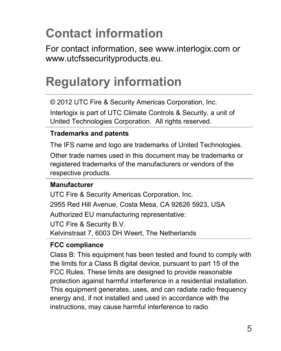 Contact information, Regulatory information | Interlogix TVD-5110-3 User Manual | Page 5 / 8