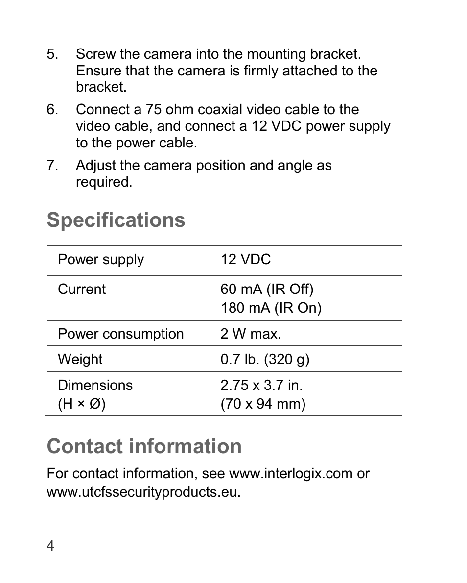 Specifications, Contact information | Interlogix TVD-5125TE-3 User Manual | Page 4 / 8