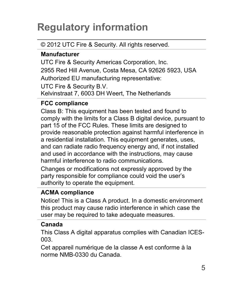 Regulatory information | Interlogix TVD-5125TE-3 User Manual | Page 5 / 8