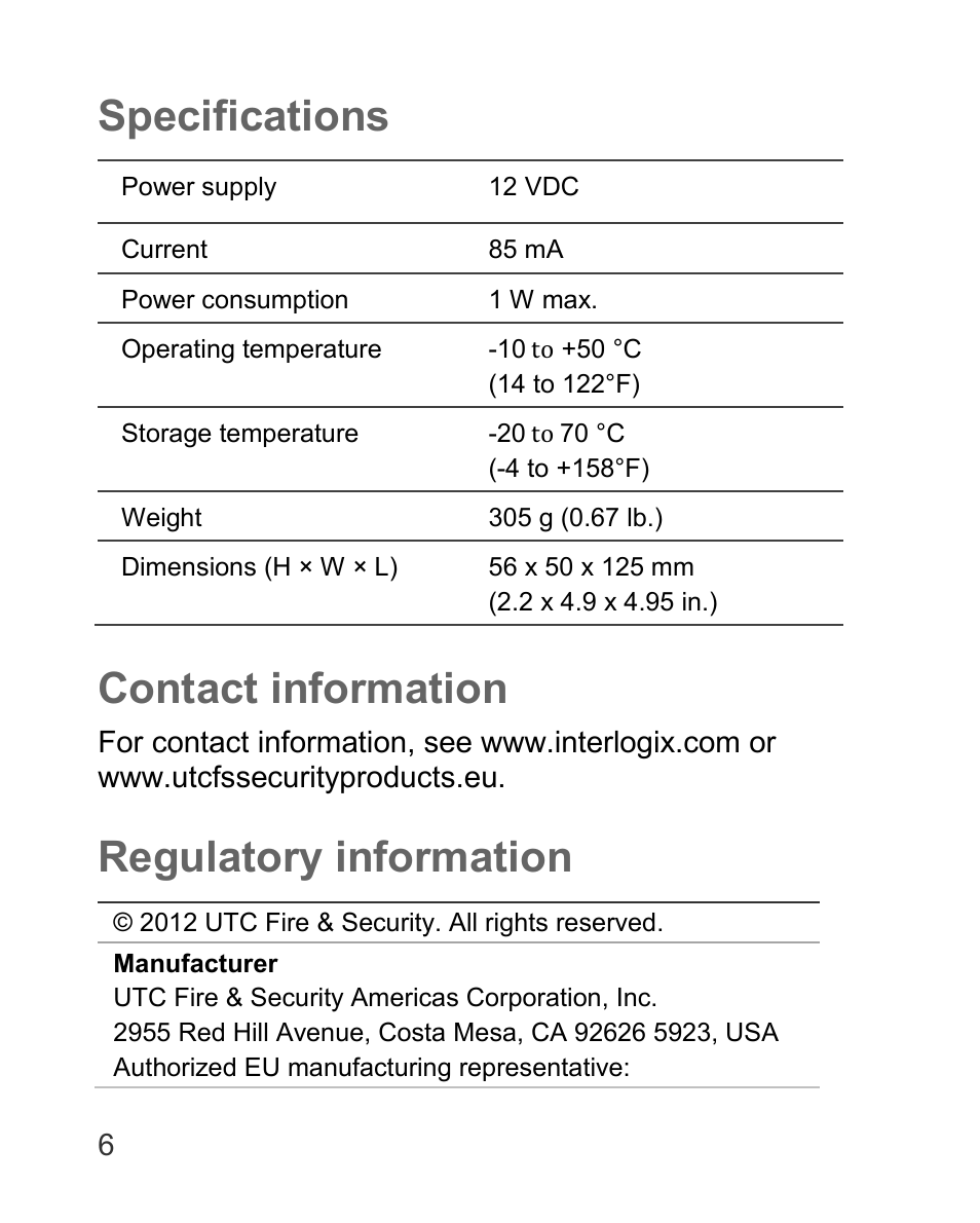 Specifications, Contact information, Regulatory information | Interlogix TVC-5120-1 User Manual | Page 6 / 8