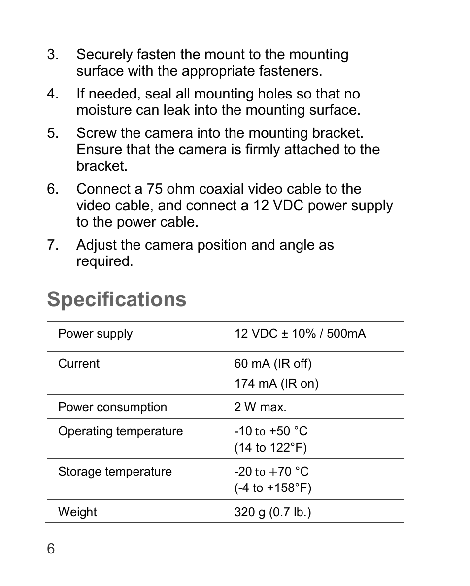 Specifications | Interlogix TVC-5125BE-3 User Manual | Page 6 / 8