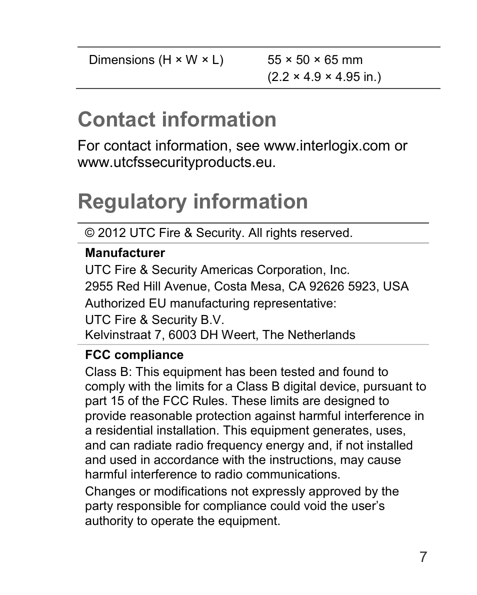 Contact information, Regulatory information | Interlogix TVC-5125BE-3 User Manual | Page 7 / 8