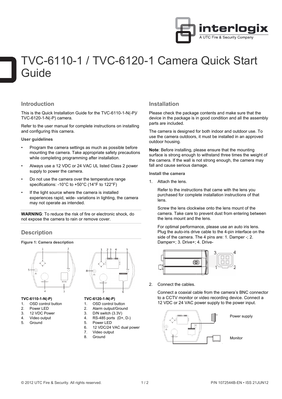 Interlogix TVC-6120-1 Quick Start User Manual | 2 pages