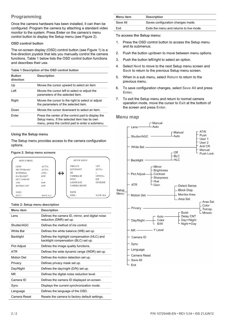 Programming, Menu map | Interlogix TVC-6120-1 Quick Start User Manual | Page 2 / 2