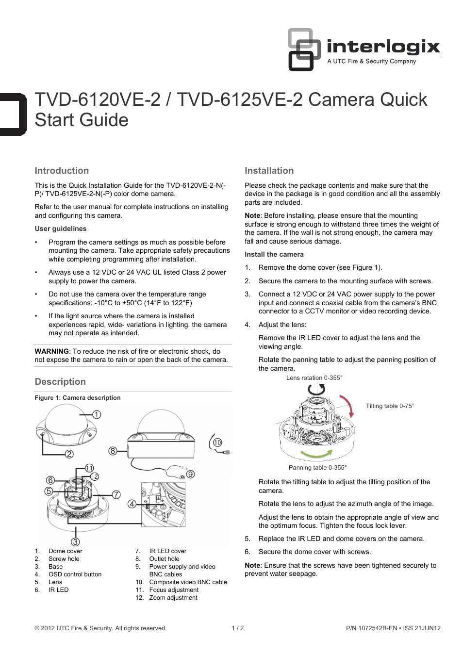 Interlogix TVD-6125VE-2 Quick Start User Manual | 2 pages