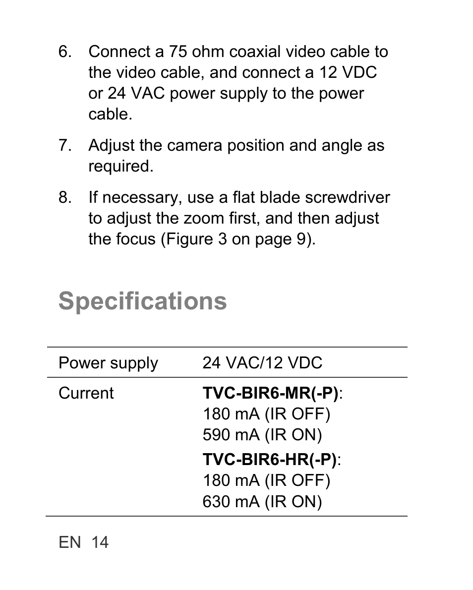 Specifications | Interlogix TVC-BIR6-MR-HR User Manual | Page 16 / 60