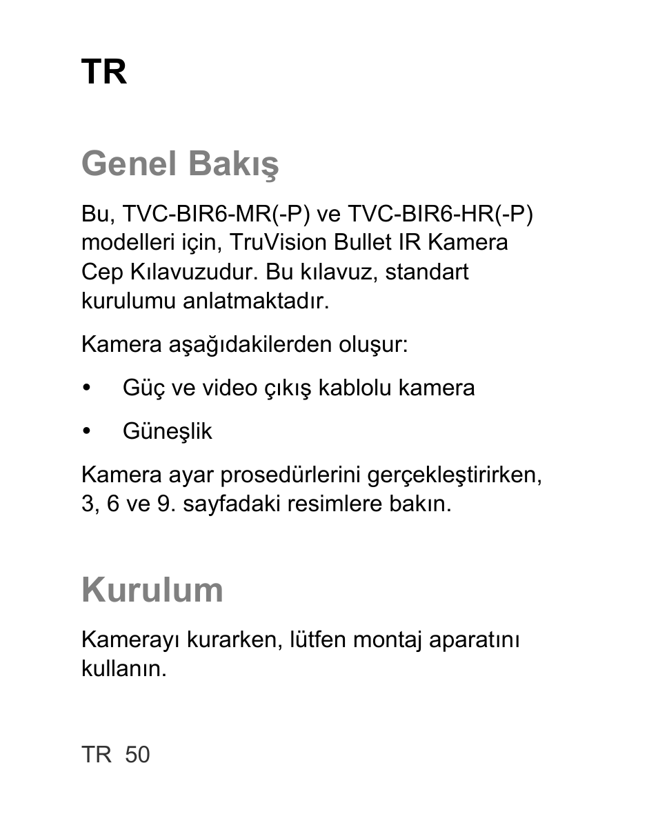 Tr genel bakış, Kurulum | Interlogix TVC-BIR6-MR-HR User Manual | Page 52 / 60