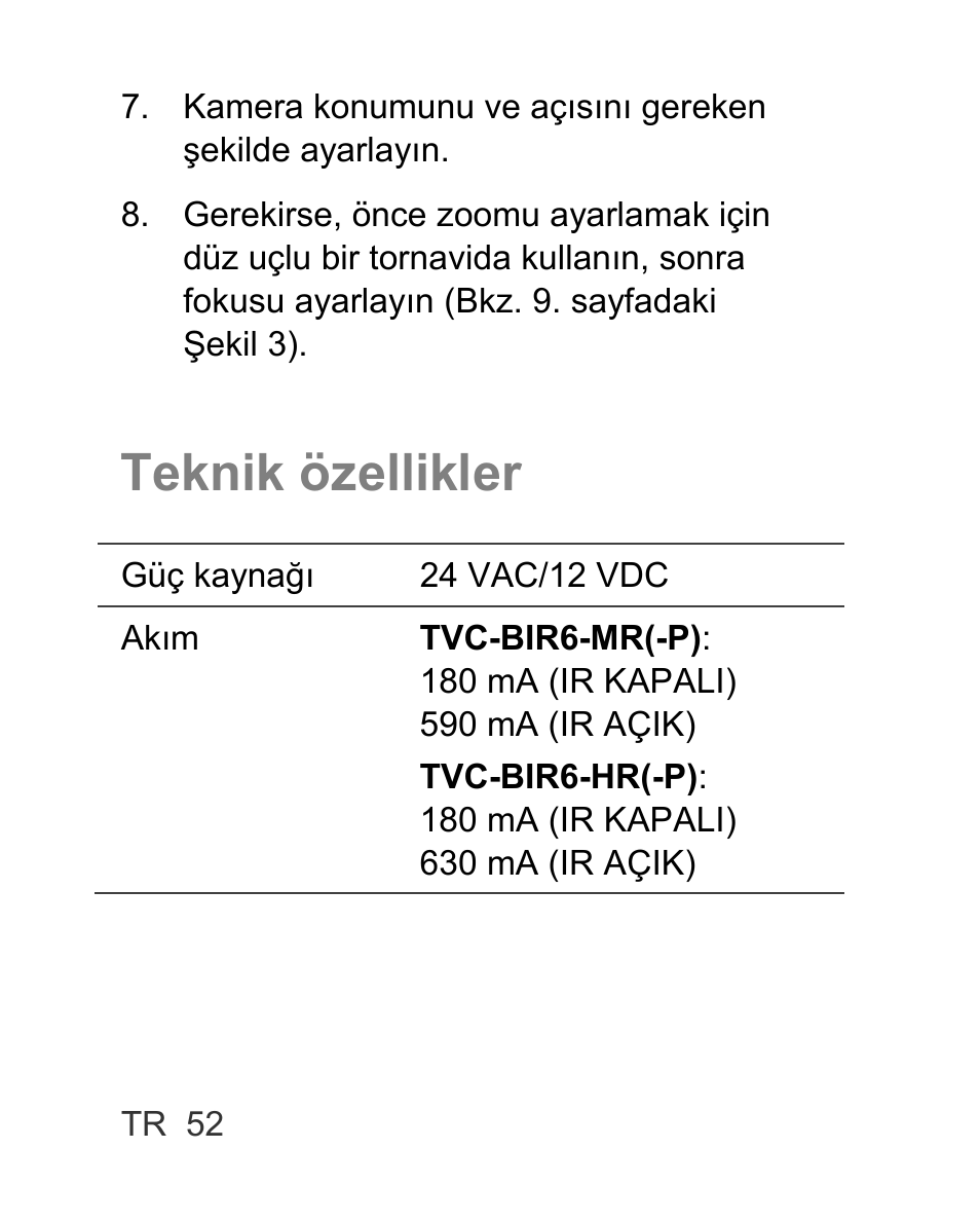 Teknik özellikler | Interlogix TVC-BIR6-MR-HR User Manual | Page 54 / 60