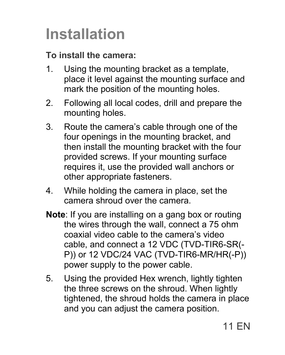 Installation | Interlogix TVD-TIR6 User Manual | Page 13 / 76