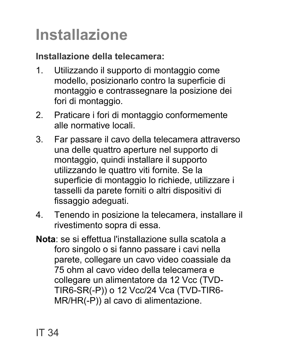 Installazione | Interlogix TVD-TIR6 User Manual | Page 36 / 76