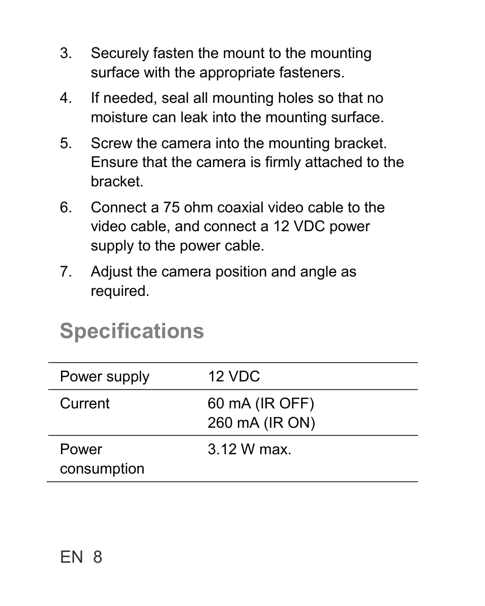 Specifications | Interlogix TVC-BIR6-SR User Manual | Page 10 / 40