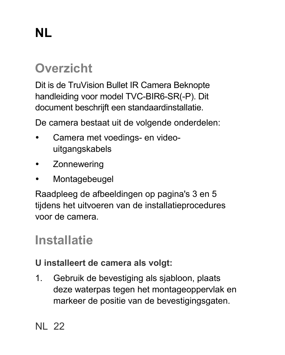 Nl overzicht, Installatie | Interlogix TVC-BIR6-SR User Manual | Page 24 / 40