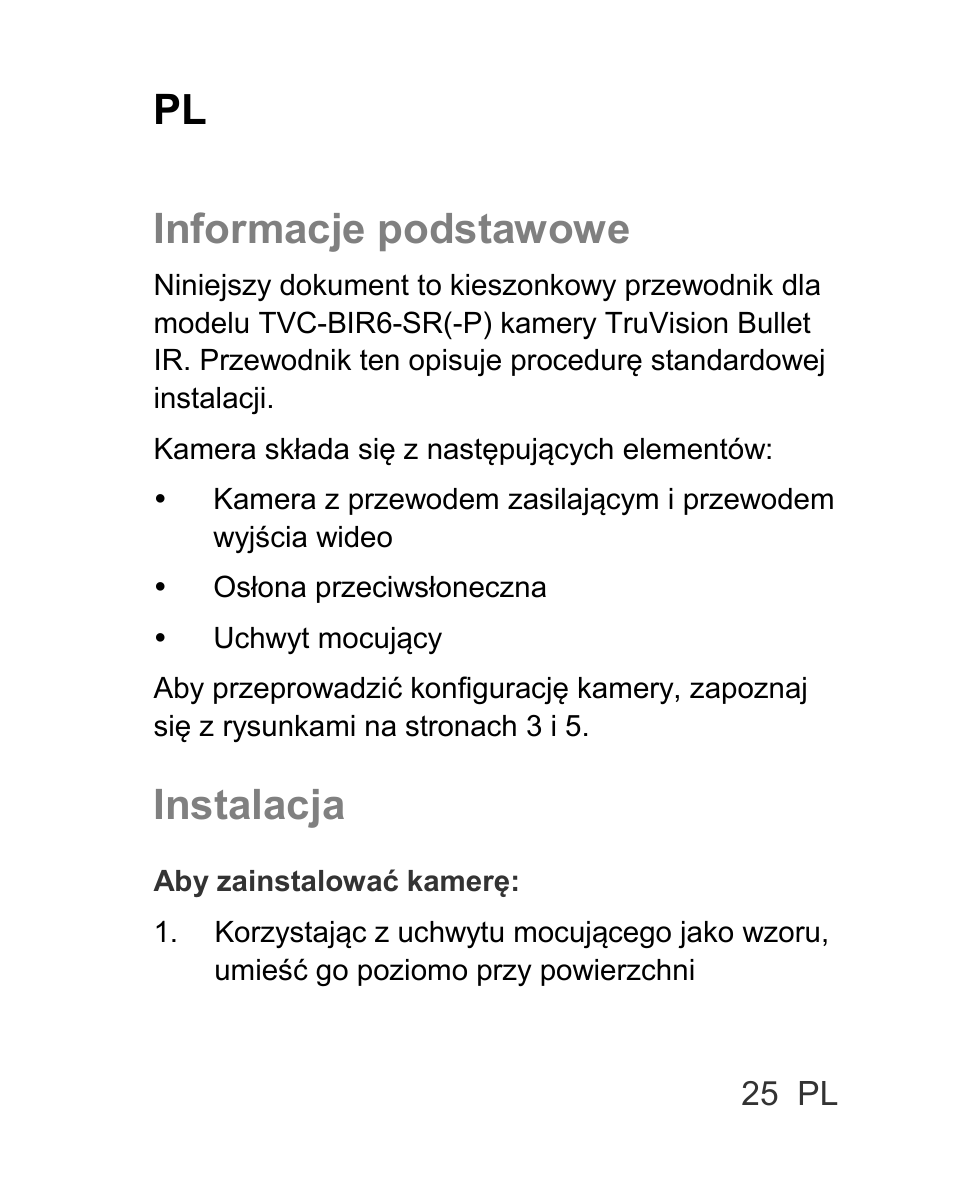 Pl informacje podstawowe, Instalacja | Interlogix TVC-BIR6-SR User Manual | Page 27 / 40