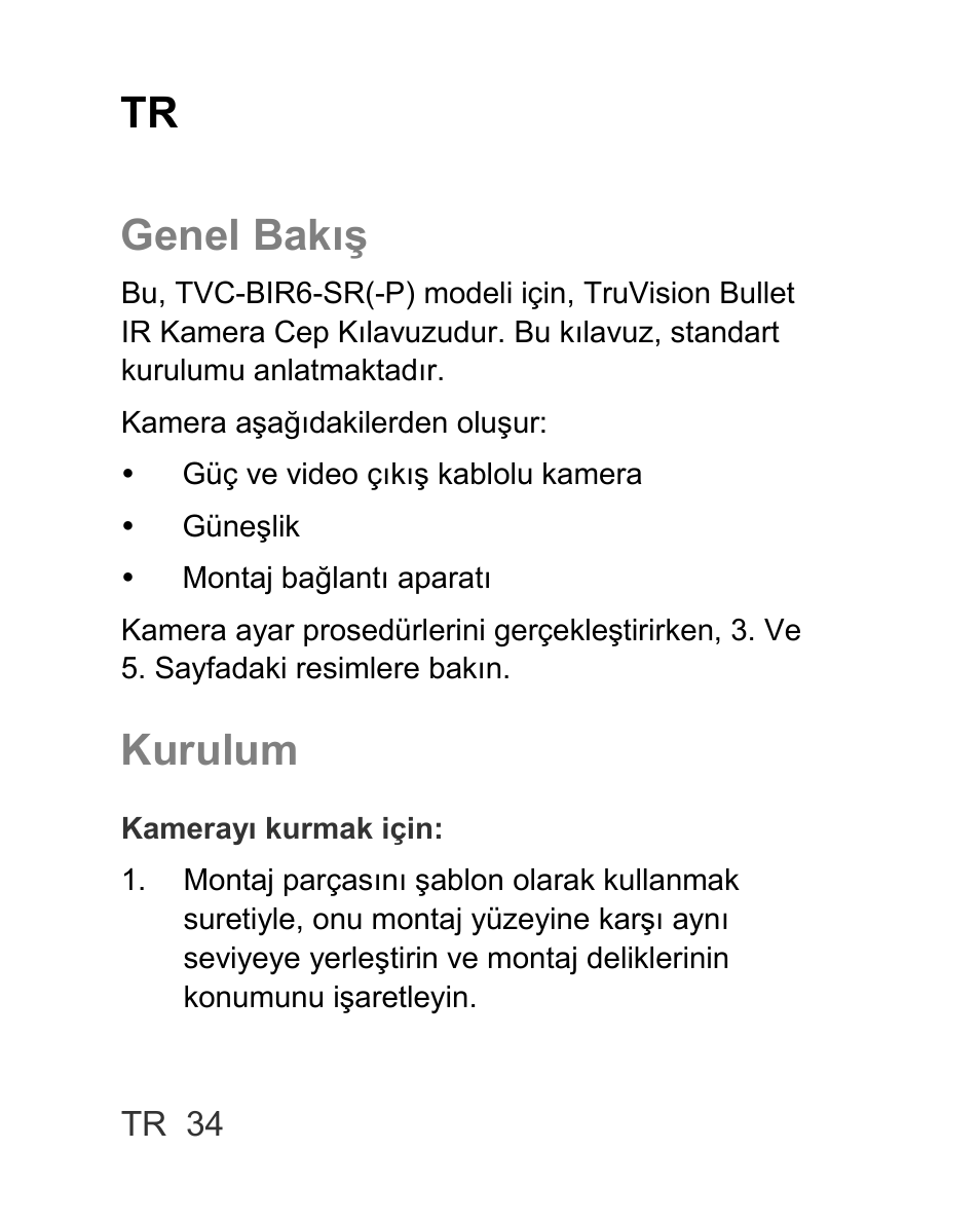 Tr genel bakış, Kurulum | Interlogix TVC-BIR6-SR User Manual | Page 36 / 40