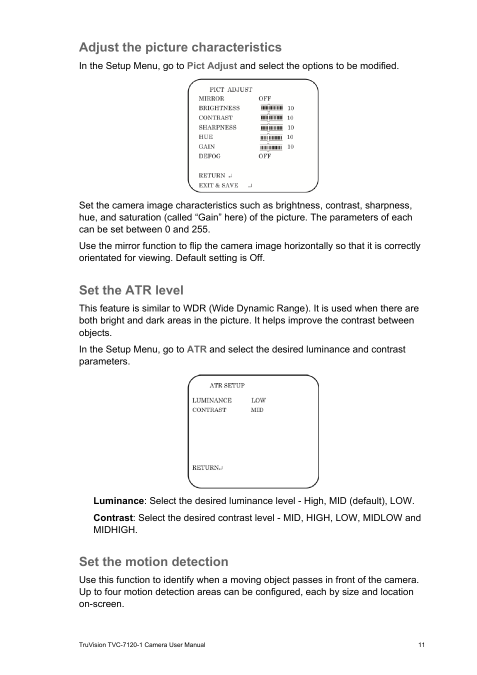 Adjust the picture characteristics, Set the atr level, Set the motion detection | Interlogix TVC-7120-1 User Manual User Manual | Page 13 / 19