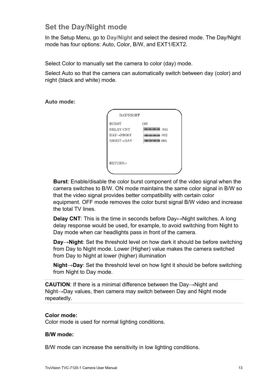 Set the day/night mode | Interlogix TVC-7120-1 User Manual User Manual | Page 15 / 19