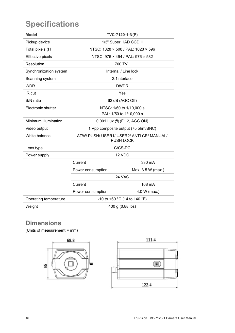 Specifications, Dimensions | Interlogix TVC-7120-1 User Manual User Manual | Page 18 / 19