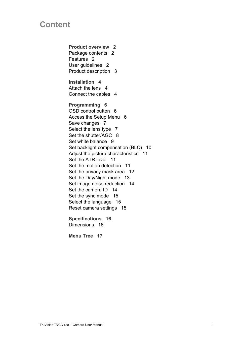 Content | Interlogix TVC-7120-1 User Manual User Manual | Page 3 / 19