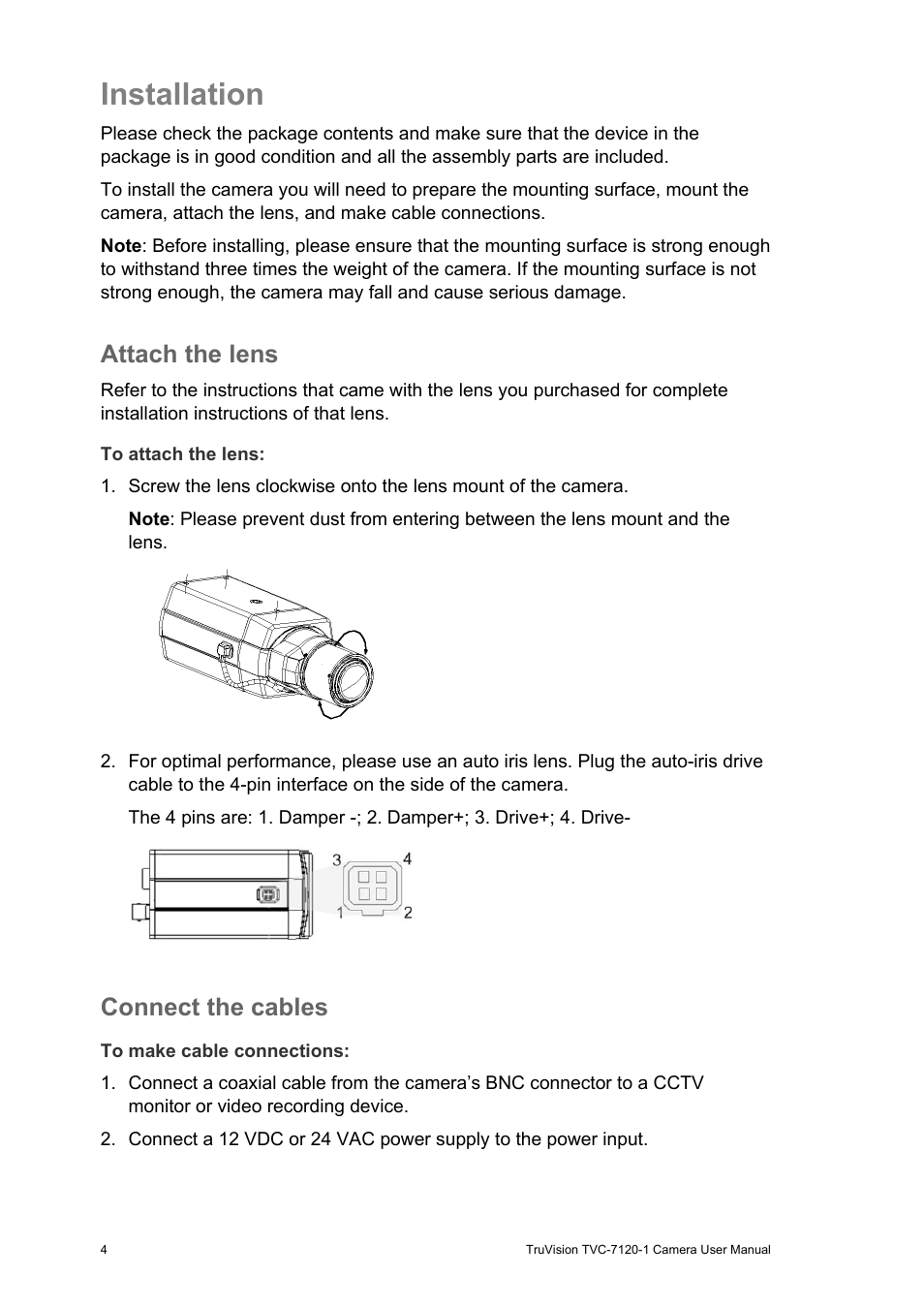 Installation, Attach the lens, Connect the cables | Interlogix TVC-7120-1 User Manual User Manual | Page 6 / 19