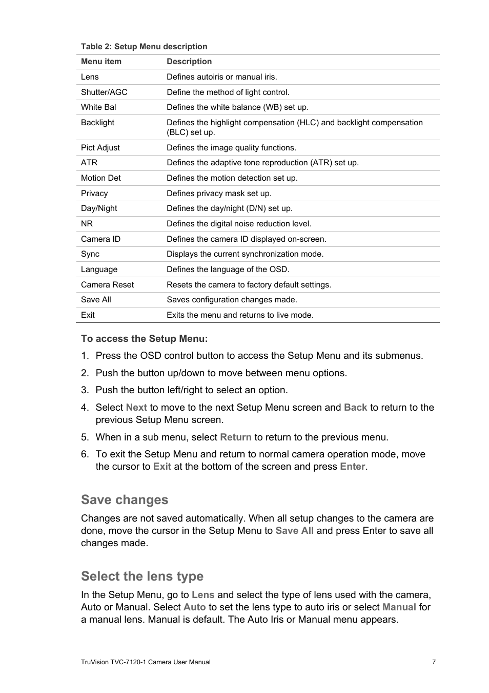 Save changes, Select the lens type | Interlogix TVC-7120-1 User Manual User Manual | Page 9 / 19