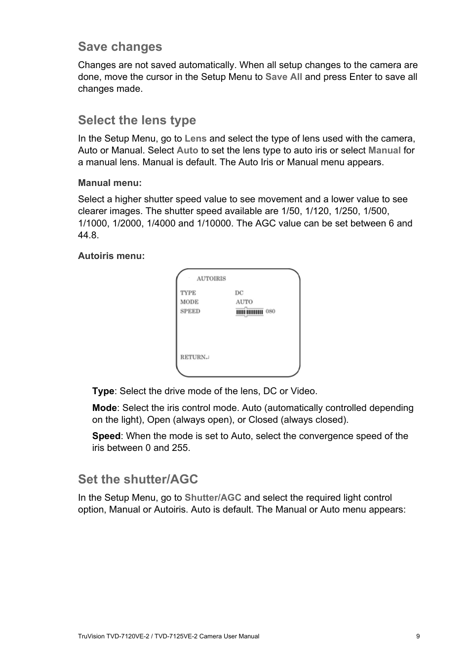 Save changes, Select the lens type, Set the shutter/agc | Interlogix TVD-7125VE-2 User Manual User Manual | Page 11 / 21