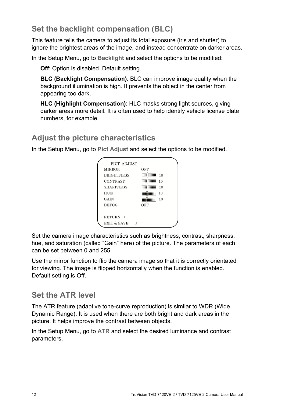Set the backlight compensation (blc), Adjust the picture characteristics, Set the atr level | Interlogix TVD-7125VE-2 User Manual User Manual | Page 14 / 21