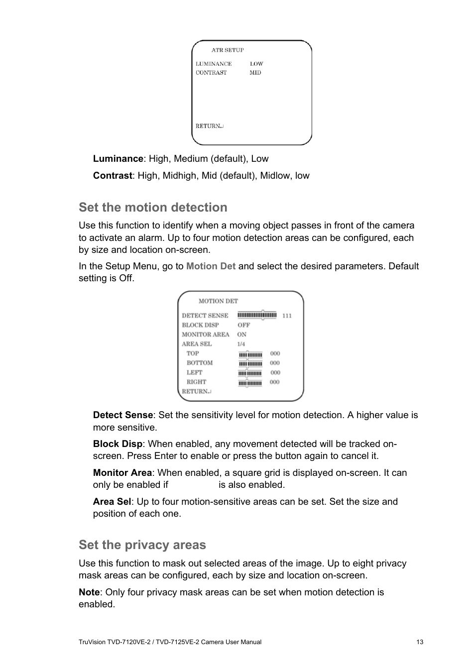 Set the motion detection, Set the privacy areas | Interlogix TVD-7125VE-2 User Manual User Manual | Page 15 / 21