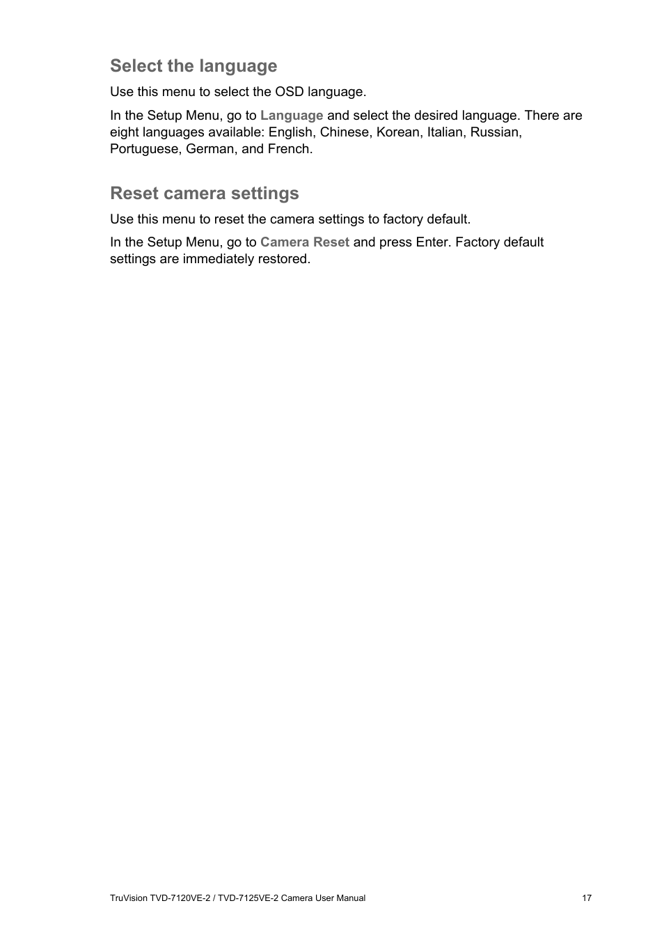 Select the language, Reset camera settings | Interlogix TVD-7125VE-2 User Manual User Manual | Page 19 / 21