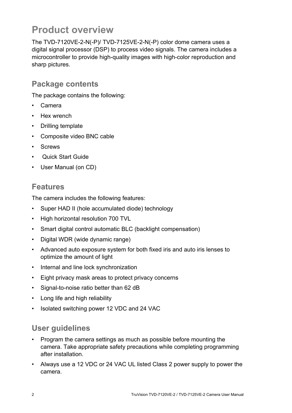 Product overview, Package contents, Features | User guidelines | Interlogix TVD-7125VE-2 User Manual User Manual | Page 4 / 21