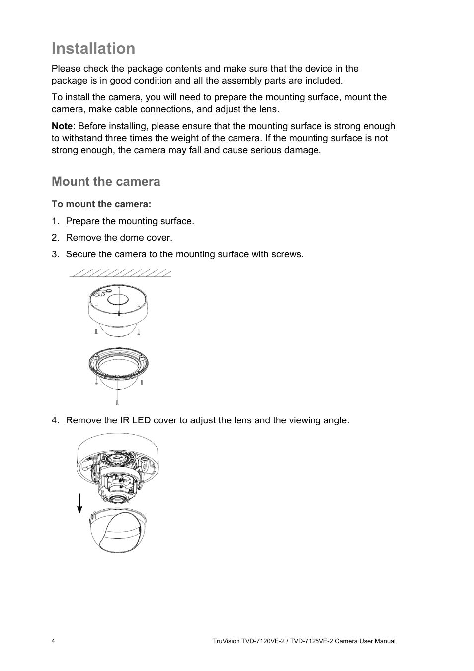 Installation, Mount the camera | Interlogix TVD-7125VE-2 User Manual User Manual | Page 6 / 21