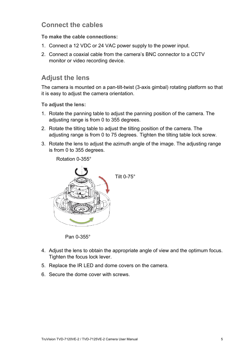 Connect the cables, Adjust the lens | Interlogix TVD-7125VE-2 User Manual User Manual | Page 7 / 21