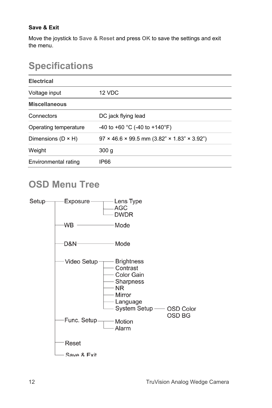 Specifications, Osd menu tree | Interlogix TVW-2101 User Manual User Manual | Page 12 / 12