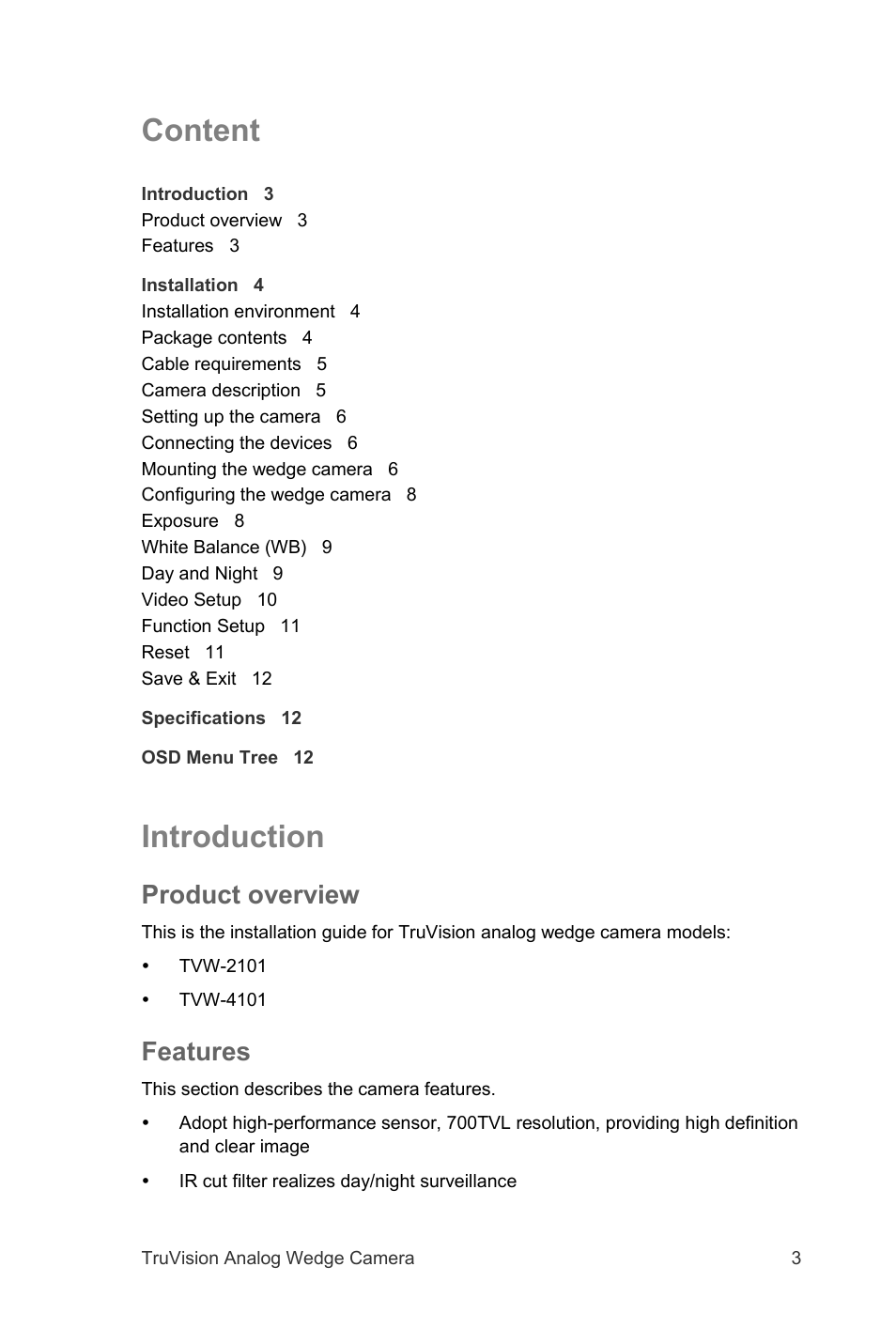 Content, Introduction, Product overview | Features | Interlogix TVW-2101 User Manual User Manual | Page 3 / 12